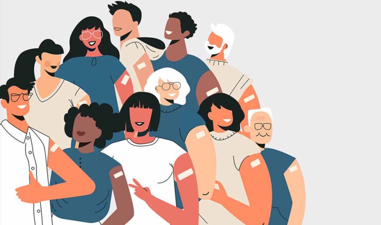 Diverse people after vaccine injection concept. Banner Let's Vaccinate, healthcare campaign. Vaccination landing page template. Multicultural team, unity in diversity
