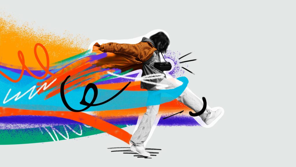 Collage artístico de estudiante en movimiento con trazos de colores vibrantes, representando creatividad, innovación y formación profesional en la School of Visual Arts.