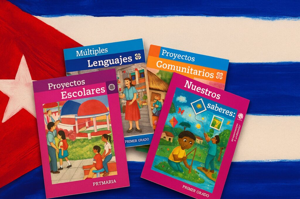 Fotografía de libros de texto gratuitos de México en primer plano, sobre un fondo abstracto inspirado en la bandera de Cuba, ilustrando la cooperación educativa y el envío de millones de ejemplares con un costo superior a 387 millones de pesos.