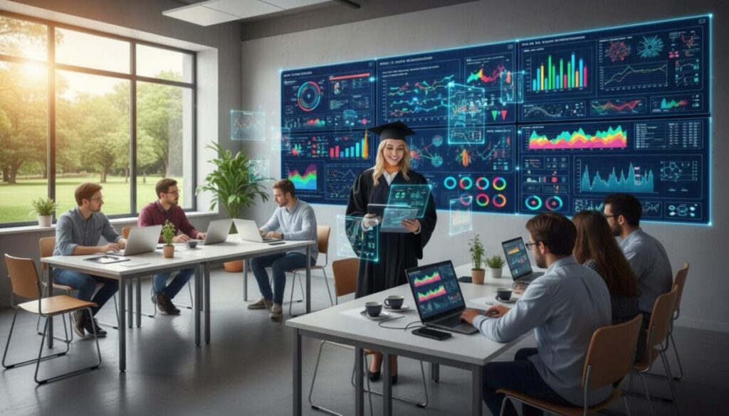 Aula digital con estudiantes analizando gráficos como ejemplo de la reinvención de la educación doctoral.