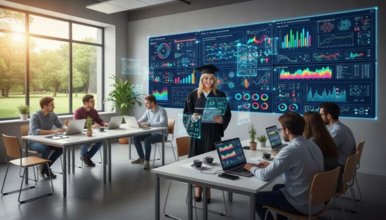Aula digital con estudiantes analizando gráficos como ejemplo de la reinvención de la educación doctoral.