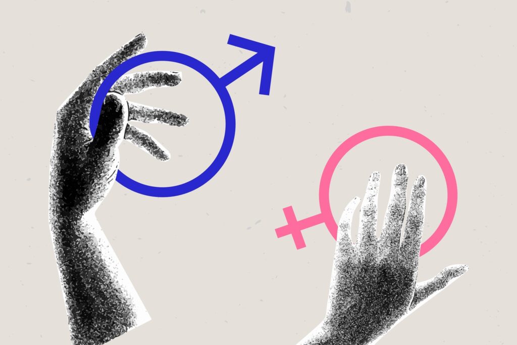 Ilustración conceptual con dos manos alcanzando los símbolos de género masculino y femenino, representación visual del debate sobre educación sexual y financiamiento en California.