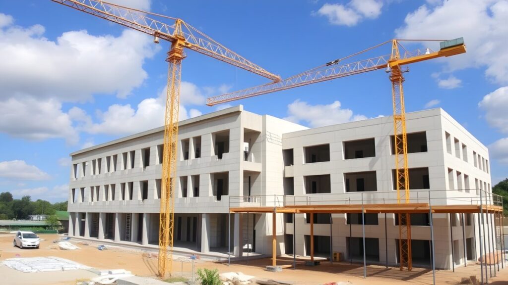 Fotografía de construcción de aulas y talleres para educación media superior en México, reflejando inversión en infraestructura y expansión académica.