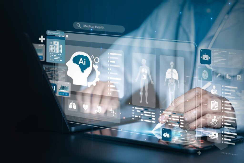 Médico utiliza herramientas digitales con inteligencia artificial para educación médica y simulación clínica.