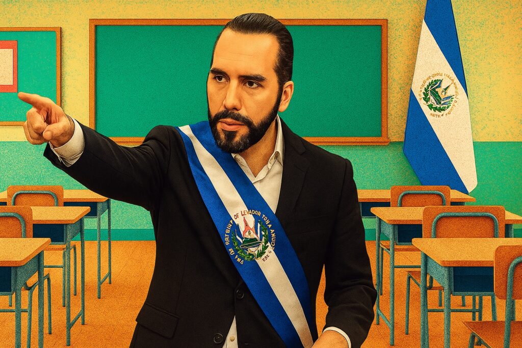 Ilustración editorial estilo pop de Nayib Bukele con banda presidencial, en un aula con bandera y pupitres, representando medidas disciplinarias aplicadas en escuelas salvadoreñas.