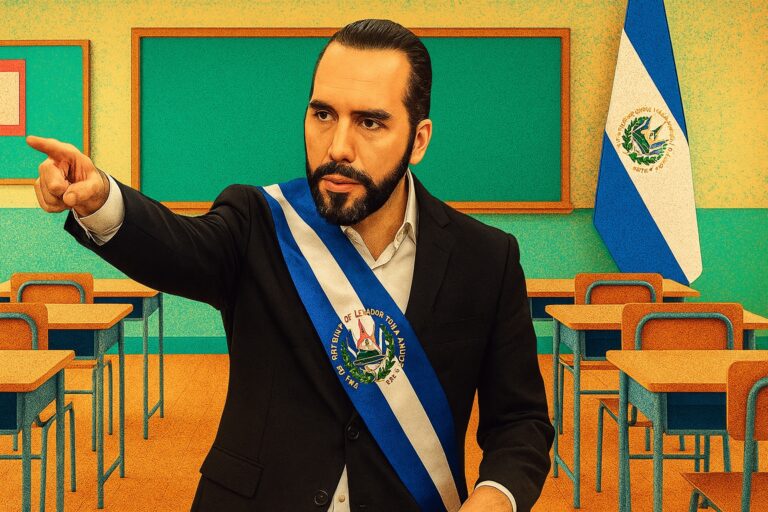 Ilustración editorial estilo pop de Nayib Bukele con banda presidencial, en un aula con bandera y pupitres, representando medidas disciplinarias aplicadas en escuelas salvadoreñas.