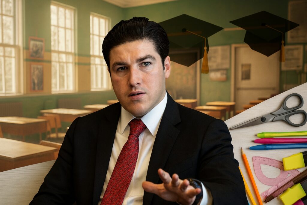 Samuel García en primer plano con fondo de salón de clases, útiles escolares y gorros de graduación, simbolizando la primera generación dual del CONALEP en Nuevo León.