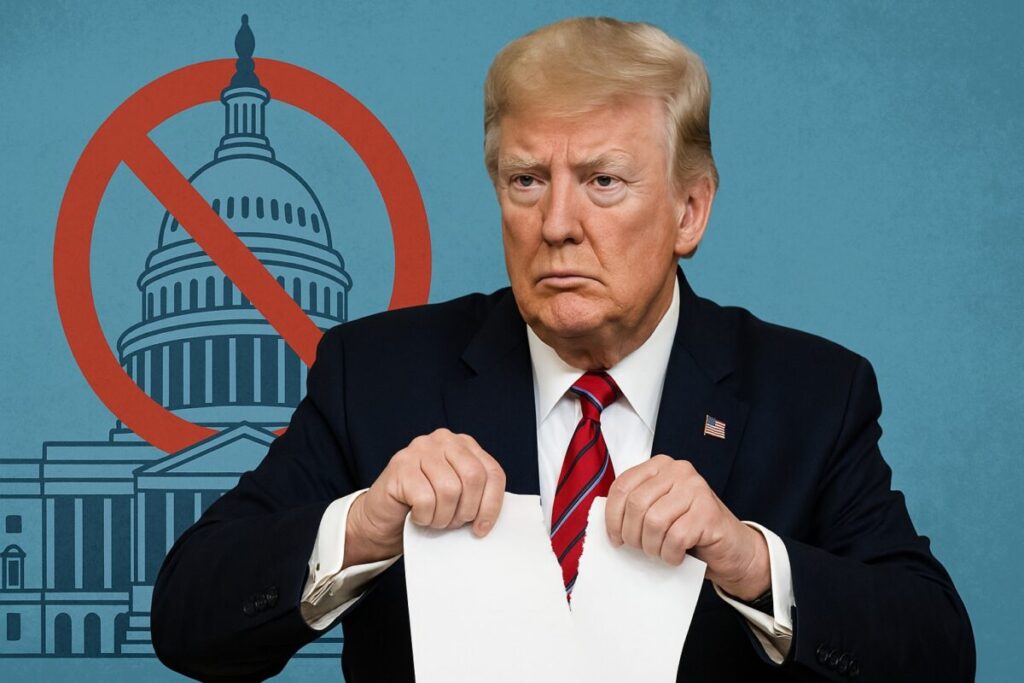 Imagen editorial de Trump rompiendo documentos frente a un fondo caricaturizado del Capitolio, simbolizando la cancelación de becas y recortes educativos en Estados Unidos.