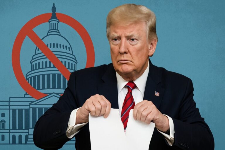Imagen editorial de Trump rompiendo documentos frente a un fondo caricaturizado del Capitolio, simbolizando la cancelación de becas y recortes educativos en Estados Unidos.