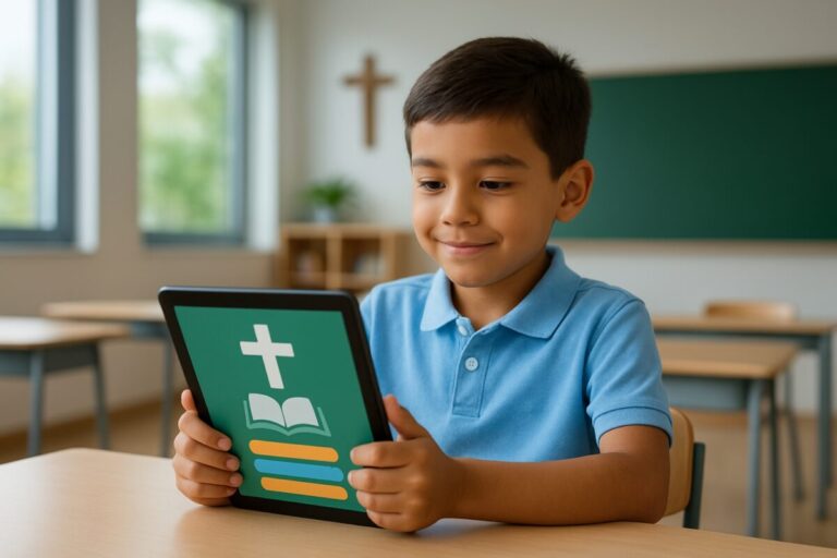 Niño en México usando tablet educativa con inteligencia artificial para educación religiosa en un entorno digital seguro y pedagógico