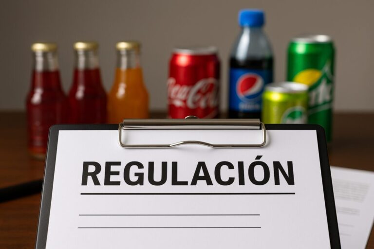 Portapapeles con la palabra “Regulación” en primer plano y refrescos al fondo, simbolizando el impacto de nuevas normas en la industria de bebidas.