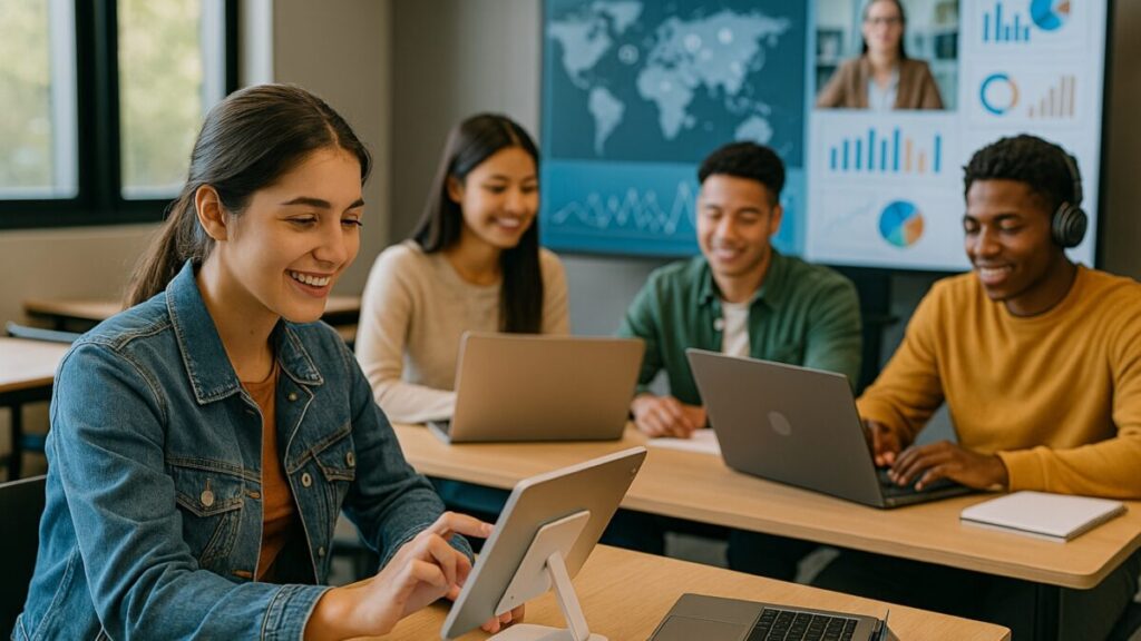Fotografía conceptual de estudiantes en México con tecnología educativa que refleja la alianza del Tec y WEF para impulsar la educación del futuro