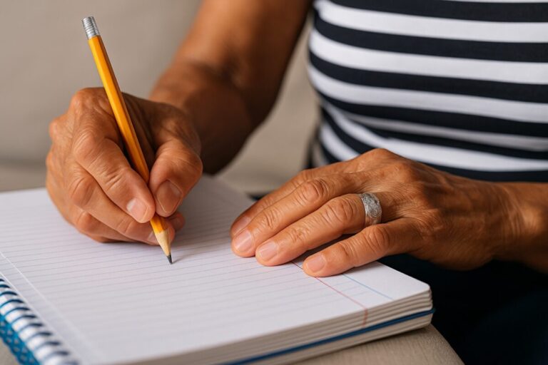 Persona adulta escribiendo en libreta como parte de un programa de alfabetización en Sinaloa