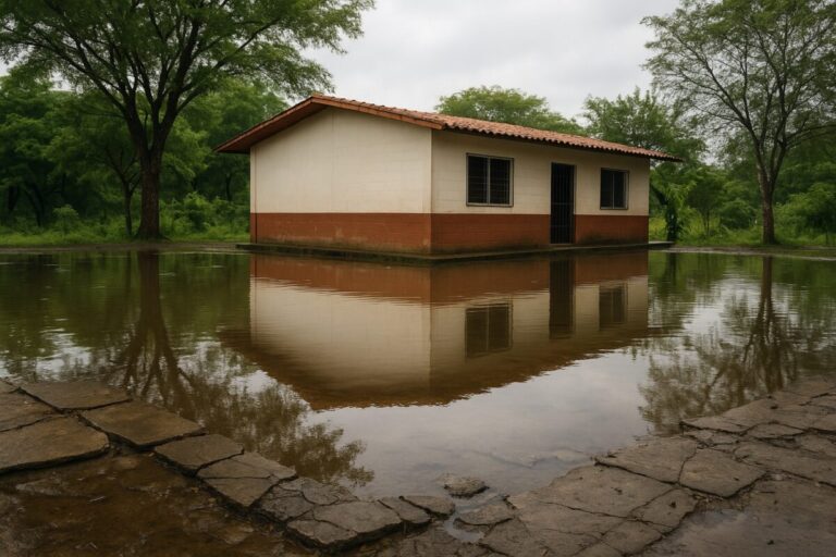 Escuela pública en la Sierra Gorda de Querétaro con el patio inundado por lluvias recientes, reflejando los retos de infraestructura escolar.
