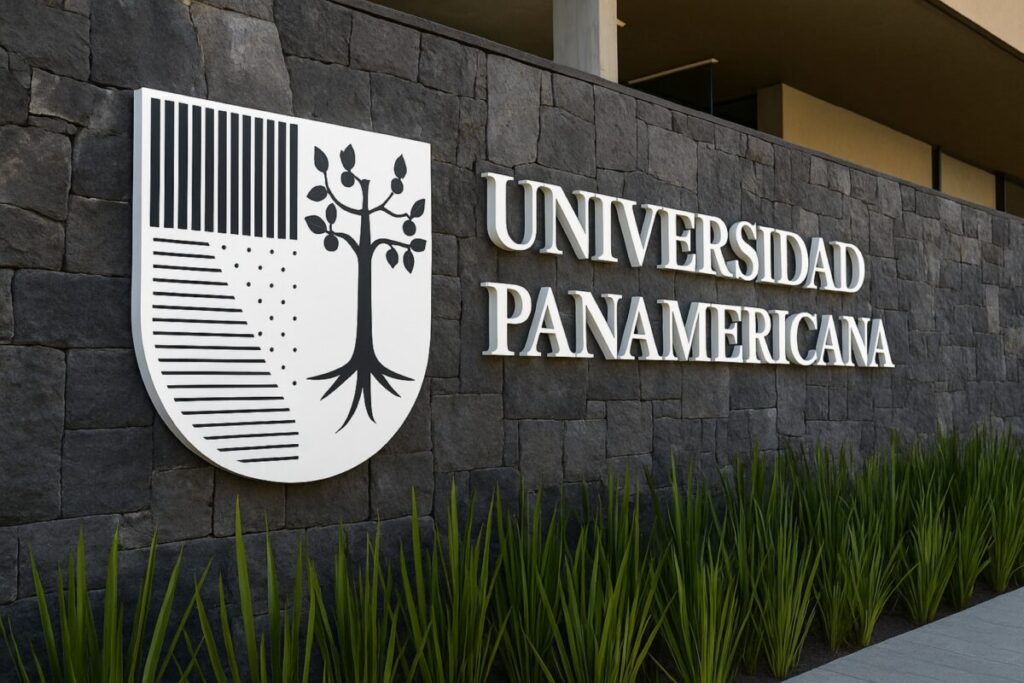 Fachada de la Universidad Panamericana con su escudo institucional sobre un muro de piedra volcánica, composición clara y profesional