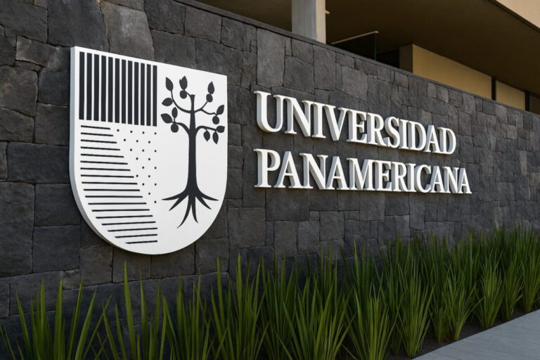 Fachada de la Universidad Panamericana con su escudo institucional sobre un muro de piedra volcánica, composición clara y profesional