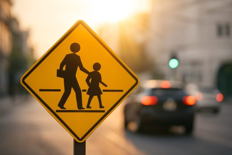 Señal de tránsito escolar iluminada por el sol en calle urbana con autos en segundo plano, promoviendo educación vial y seguridad