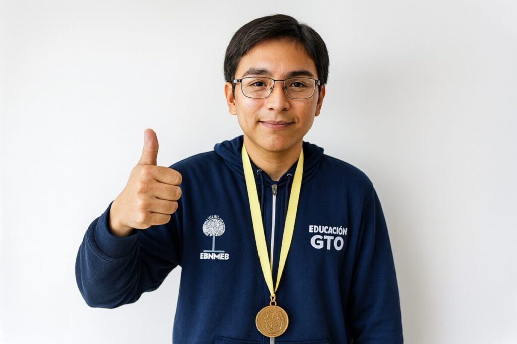 José Antonio Vega Sánchez con su medalla de oro tras ganar la Olimpiada Mexicana de Matemáticas representando a Guanajuato