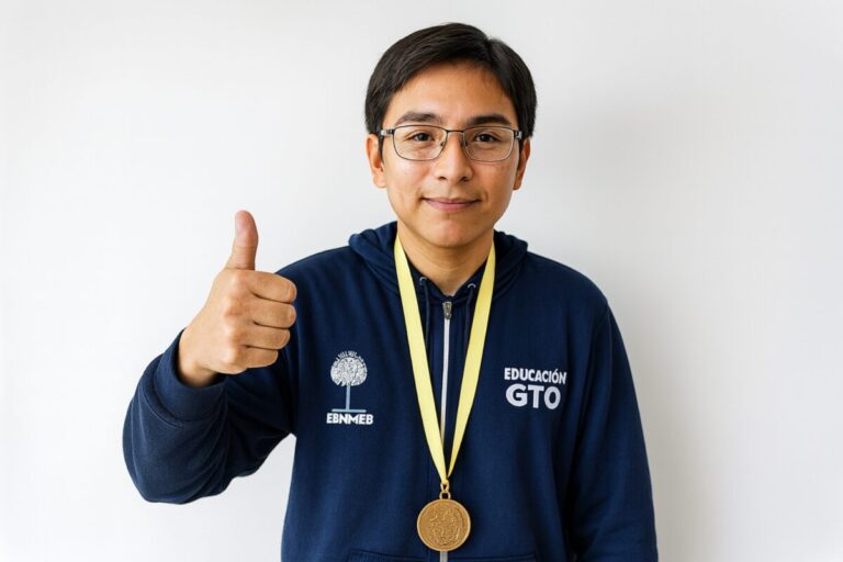José Antonio Vega Sánchez con su medalla de oro tras ganar la Olimpiada Mexicana de Matemáticas representando a Guanajuato
