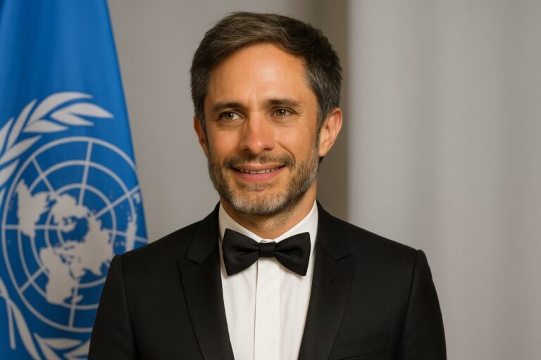Gael García Bernal sonriente con esmoquin, reconocido por la UNESCO por su compromiso con la educación y diversidad cultural