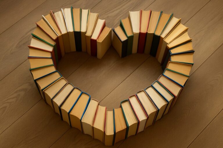 Libros alineados en forma de corazón sobre una superficie de madera, simbolizando la educación sentimental en las escuelas