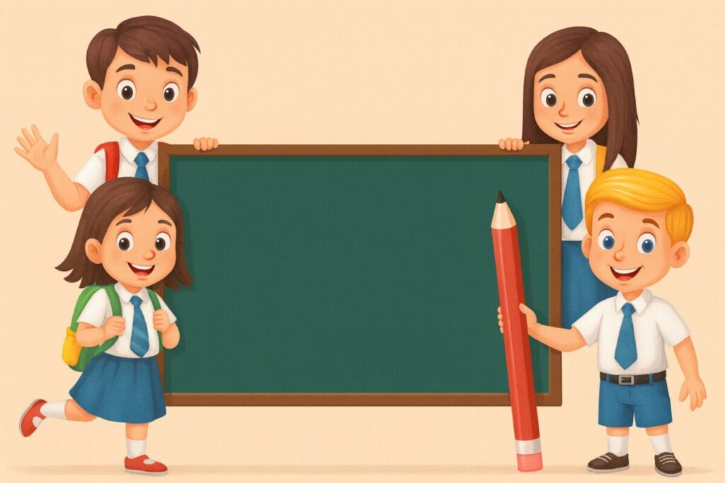 Niñas y niños felices sobre bloques educativos A B C, en representación del Liceo Thezia y su enfoque integral