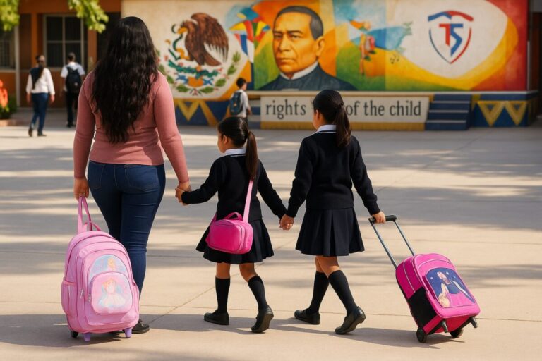 Madre acompaña a dos niñas con mochilas escolares en escuela de México, día de clases confirmado por la SEP