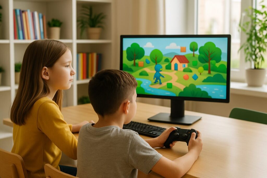 Dos niños interactuando con videojuegos educativos en un espacio de estudio moderno y colorido