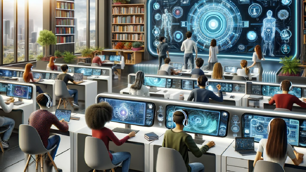 Estudiantes y docente en universidad trabajando con herramientas de IA en la educación universitaria.