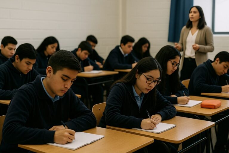 Estudiantes en un aula sin celulares, centrados en el aprendizaje, tras la nueva normativa chilena sobre uso de celulares en clase