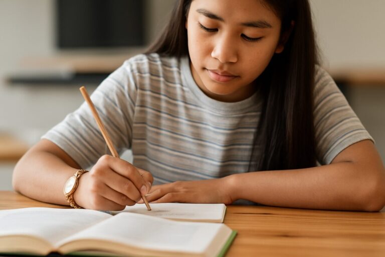 Estudiante escribiendo en clase como parte de una estrategia de educación contra el antisemitismo