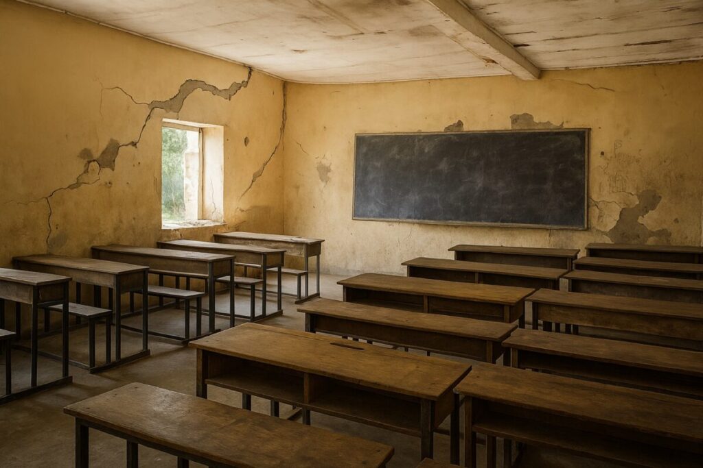 Aula en condiciones precarias tras ataque en zona de conflicto, tema de ataques a escuelas