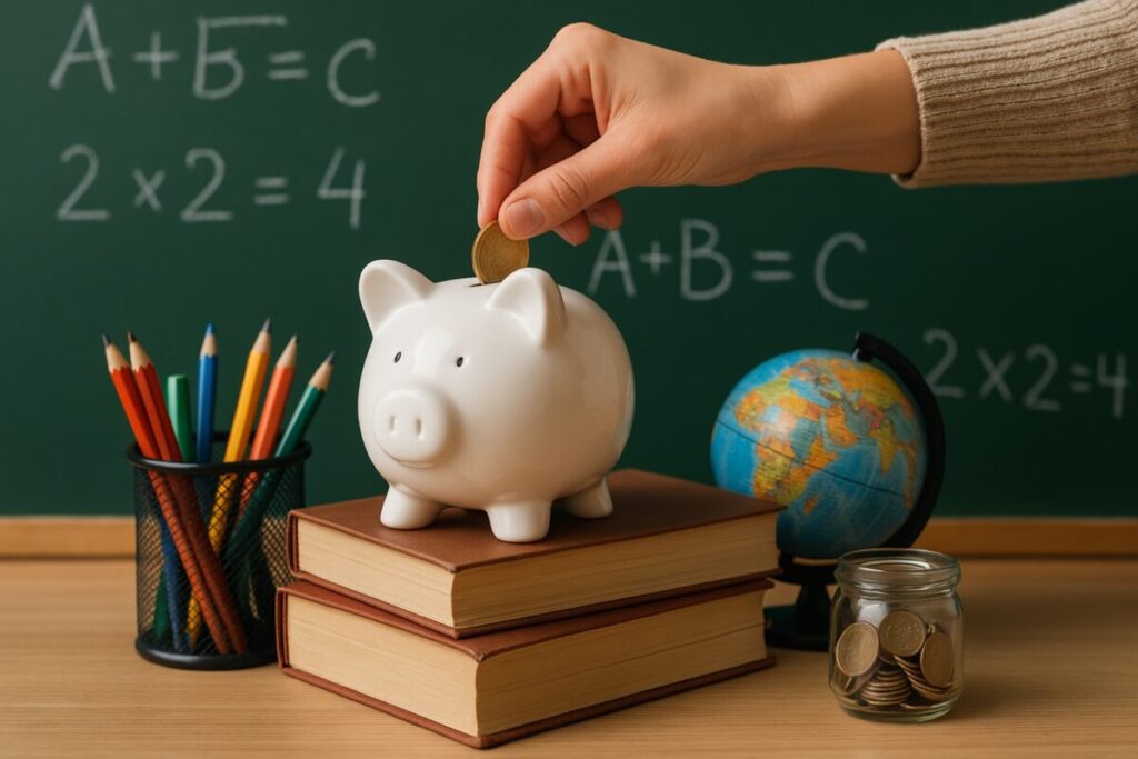 Alcancía sobre libros escolares simbolizando educación financiera, inclusión y formación para el empleo