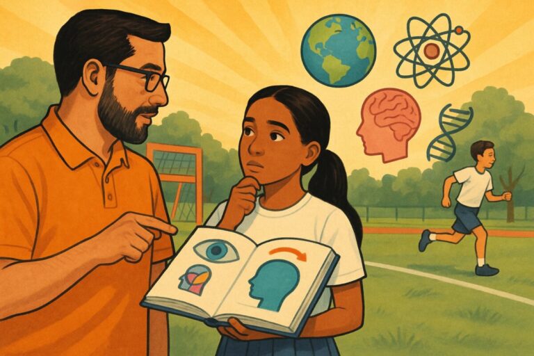 Ilustración de un profesor y una estudiante conversando sobre salud física y cultura, con fondo de campo deportivo y elementos educativos