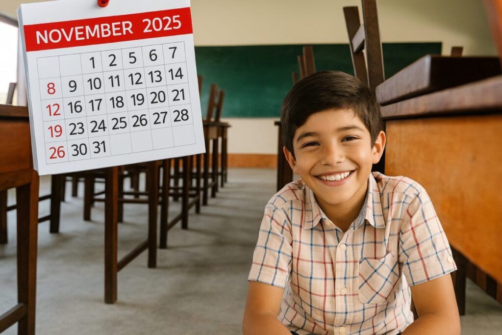 Niño en aula vacía con calendario escolar Colombia de junio 2025 para cierre académico