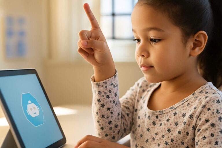 Niña en aula de Puerto Rico usando tecnología educativa con inteligencia artificial