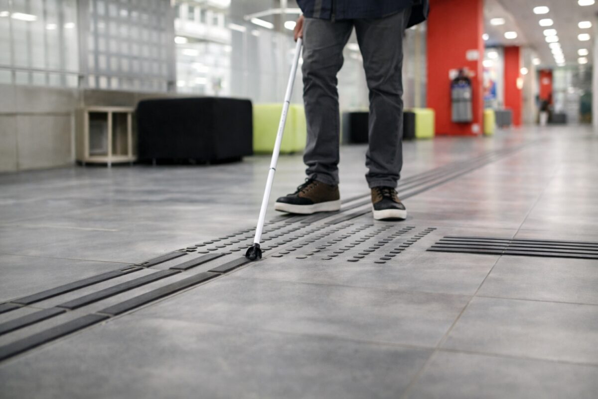 Persona con discapacidad visual utilizando bastón guía sobre señalética podotáctil en una universidad mexicana