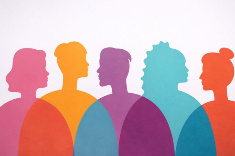 Ilustración editorial con siluetas de personas diversas como símbolo de igualdad y perspectiva de género