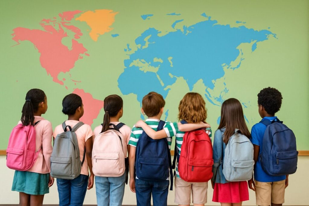 Grupo de niños de espaldas con mochilas, mirando un mapa del mundo en un aula inclusiva, reflejando educación intercultural