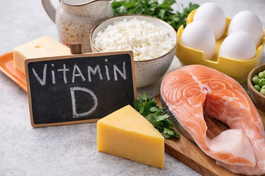 Fotografía editorial moderna de alimentos con vitamina D como salmón, huevos y queso, con fondo claro y composición horizontal