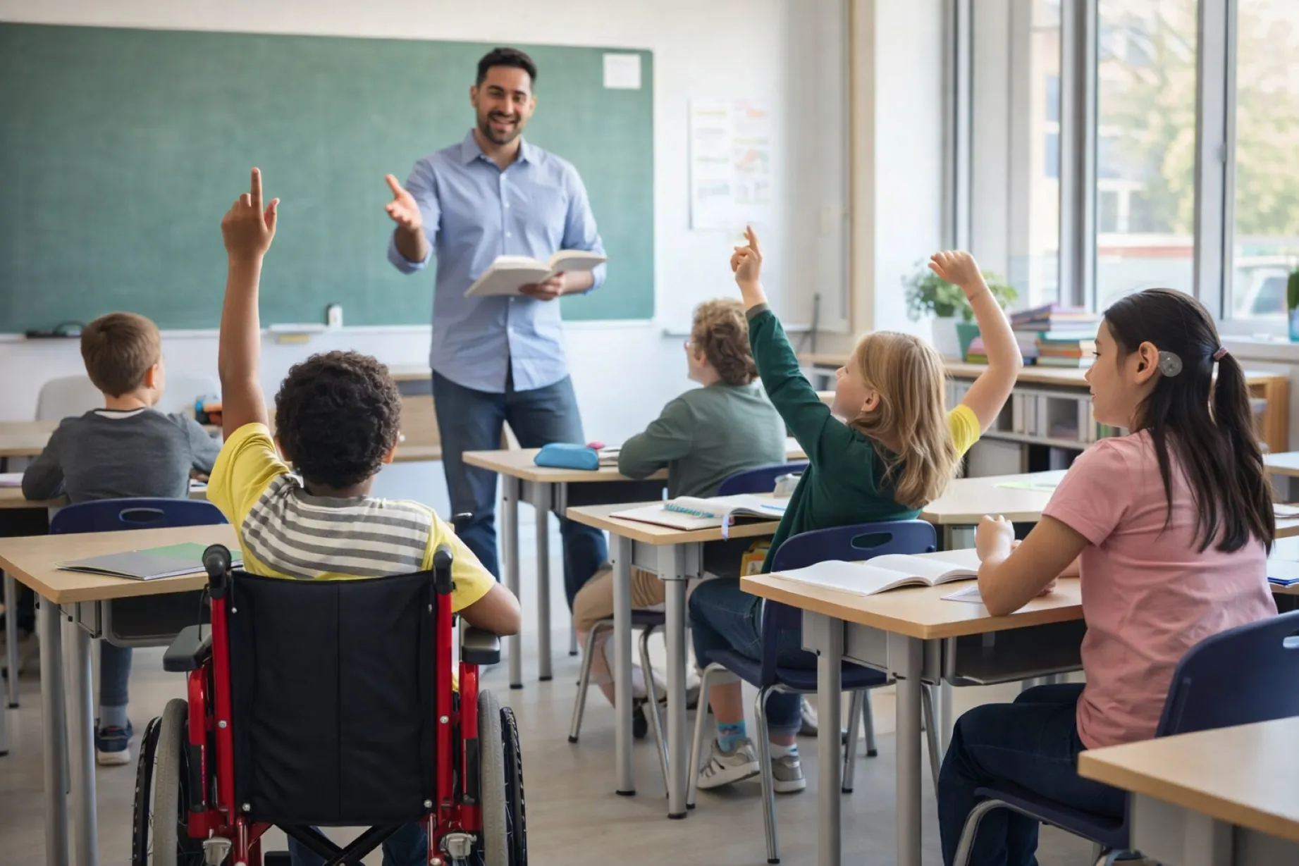 Aula escolar inclusiva con estudiantes con y sin discapacidad participando activamente en clase