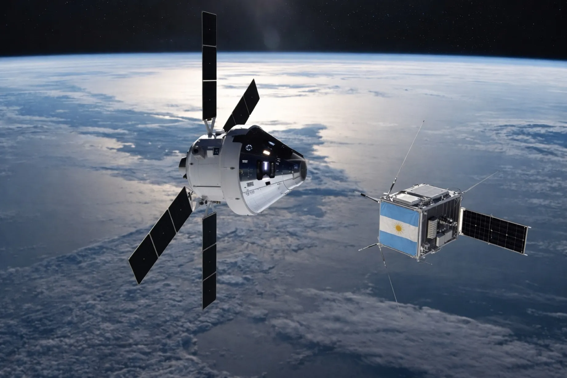 Representación fotorealista del microsatélite argentino Atenea en el espacio, como parte de la misión Artemis II de la NASA