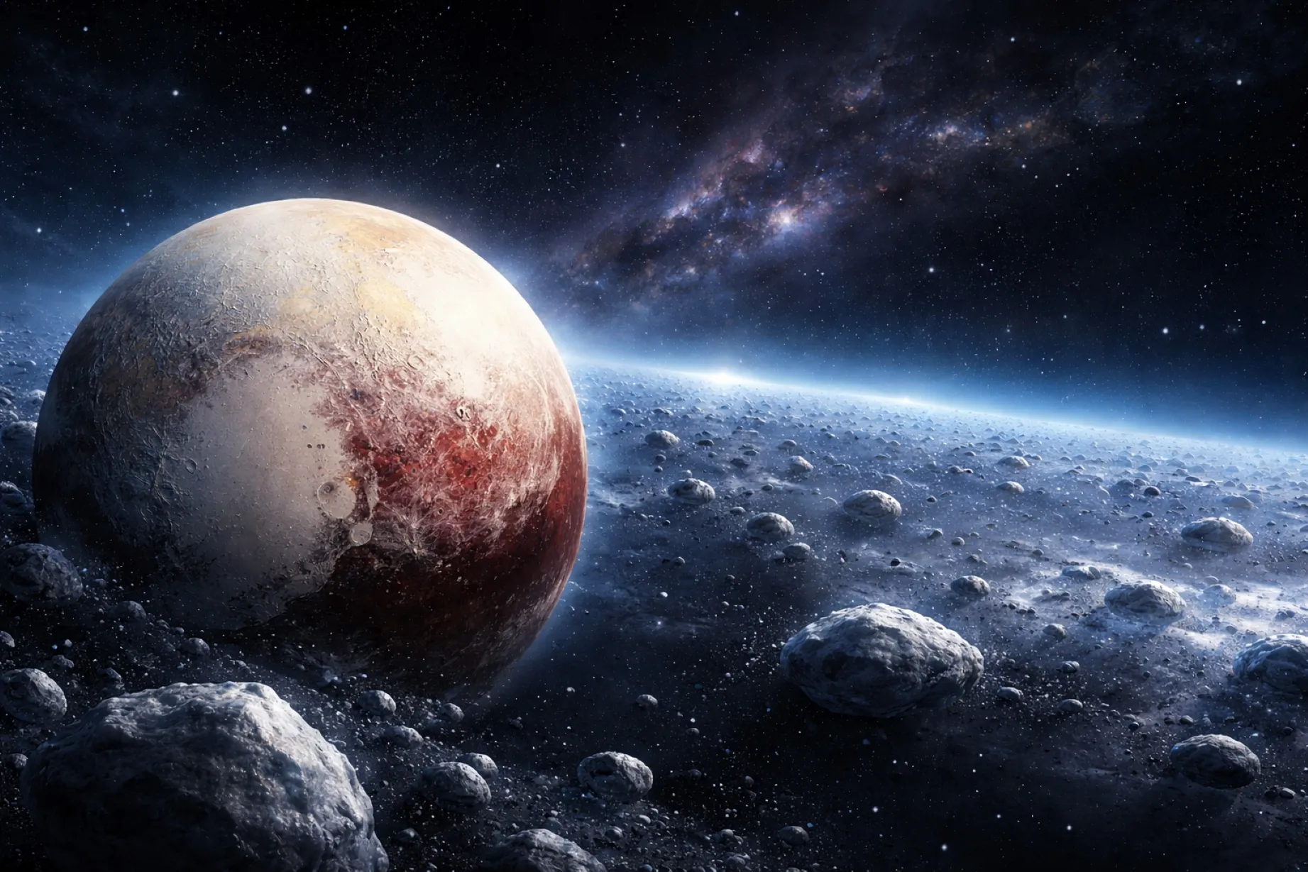Representación visual del cinturón de Kuiper y Plutón en el espacio profundo, con enfoque en la misión New Horizons y cuerpos helados