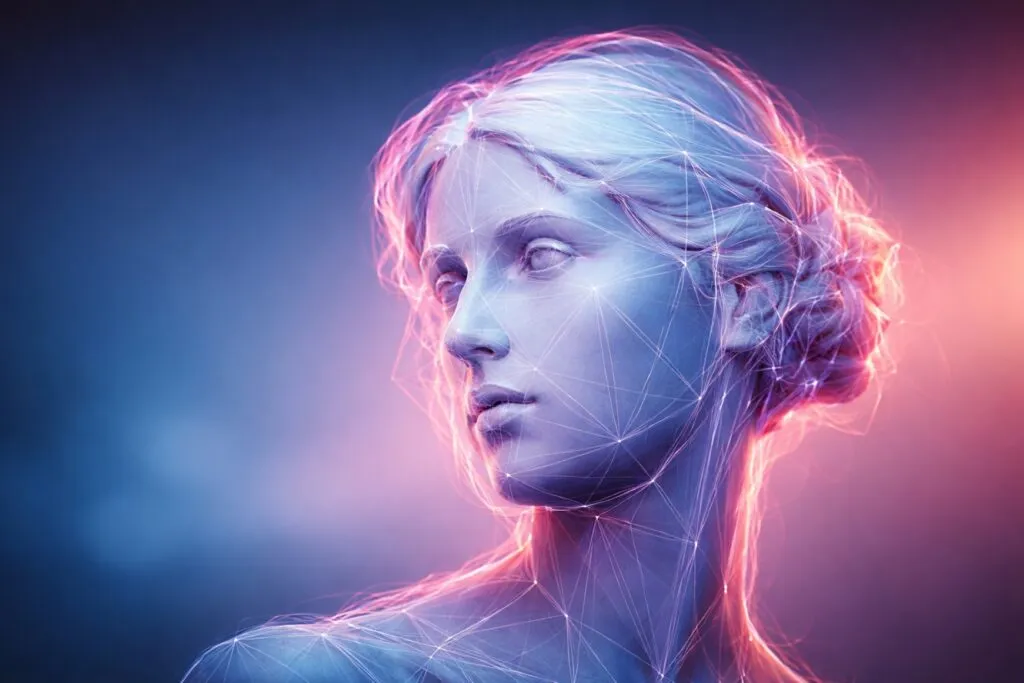 Representación visual de inteligencia artificial en contextos educativos, con énfasis en el dilema de la consciencia en las máquinas