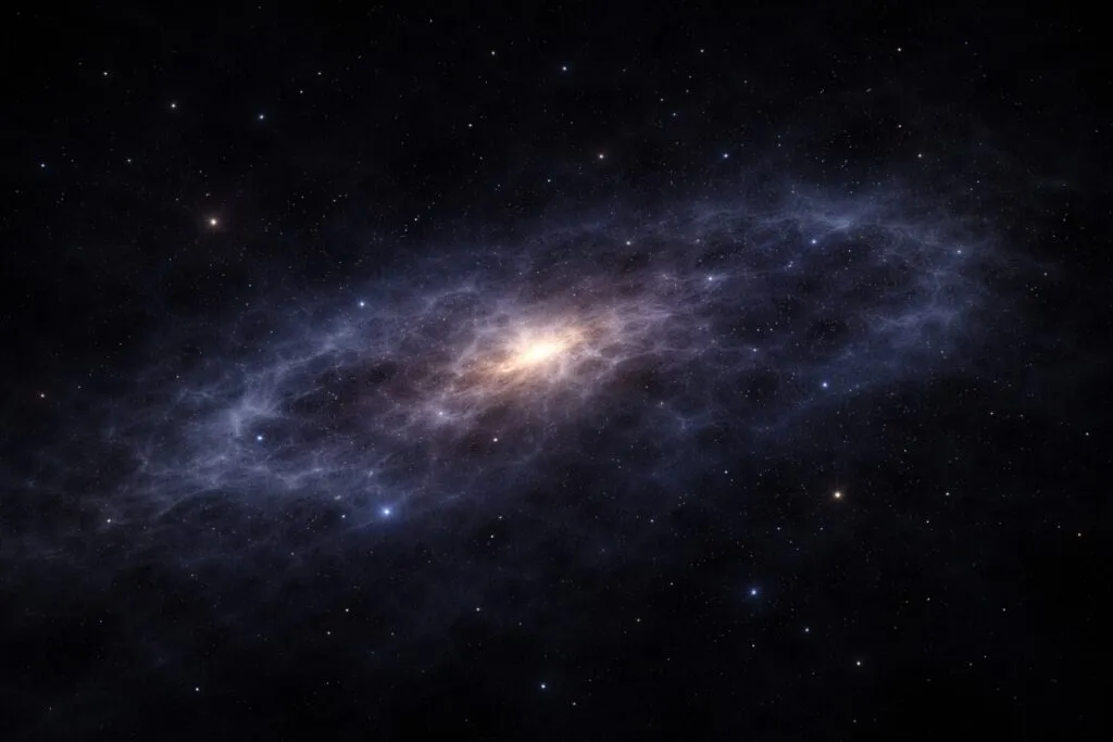 Imagen artística de una galaxia fantasma dominada por materia oscura y gas sin estrellas visibles