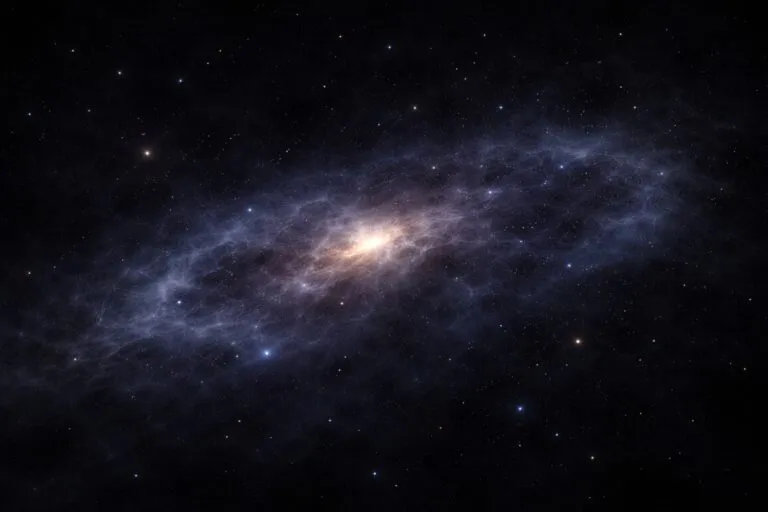 Imagen artística de una galaxia fantasma dominada por materia oscura y gas sin estrellas visibles