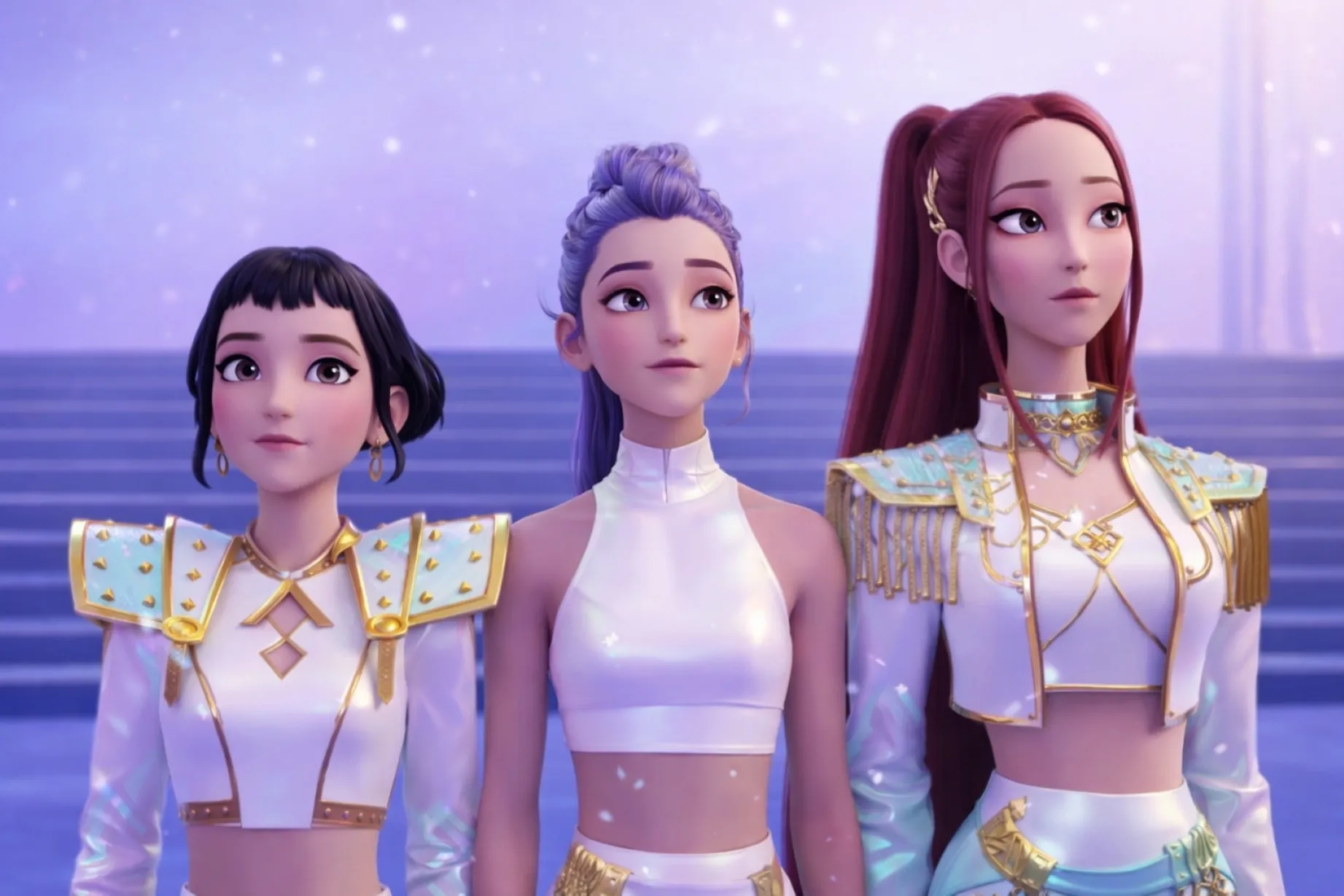 Tres personajes animados de estilo K-pop miran hacia adelante en un entorno brillante, ilustrando cómo la cultura pop puede educar emociones infantiles