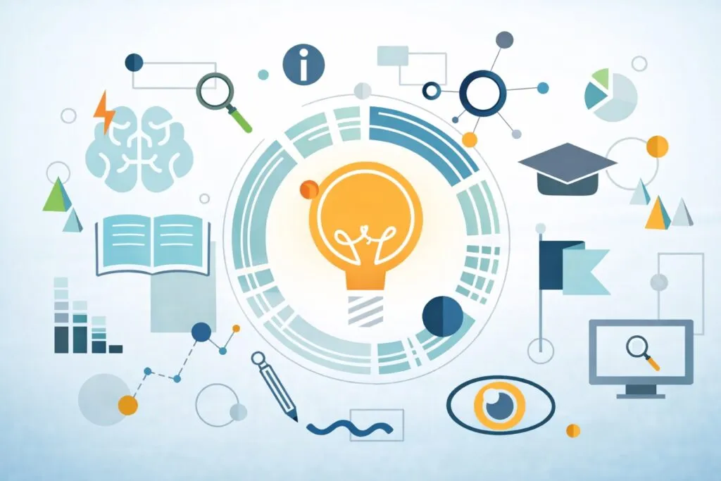 Ilustración editorial de innovación educativa con símbolos tecnológicos, libro abierto, cerebro y birrete académico