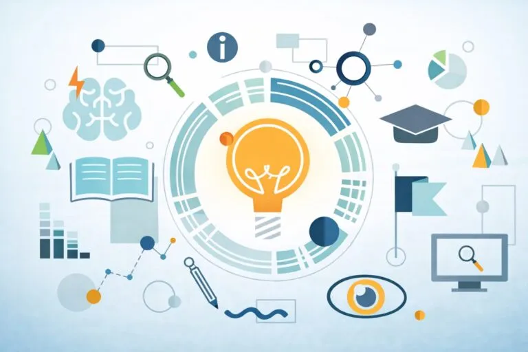 Ilustración editorial de innovación educativa con símbolos tecnológicos, libro abierto, cerebro y birrete académico