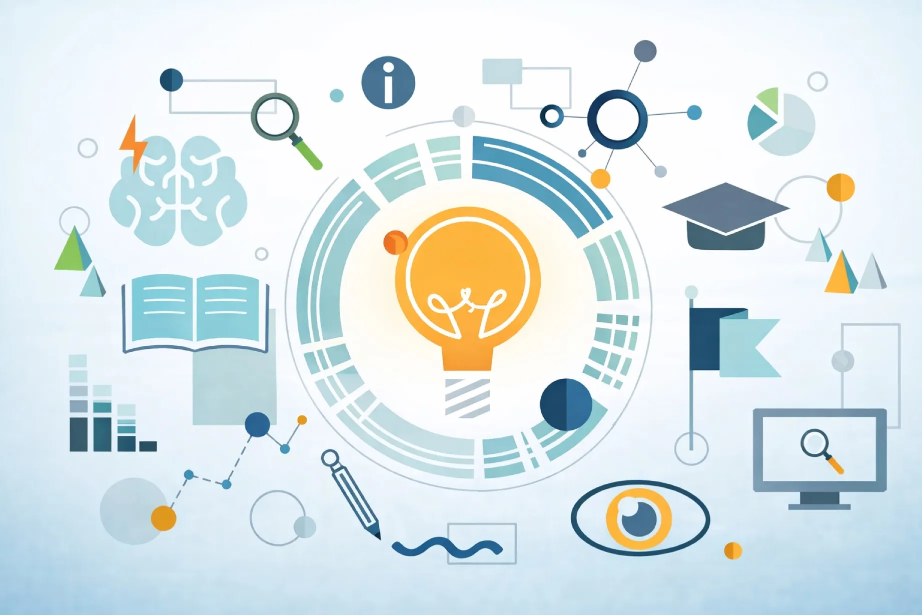 Ilustración editorial de innovación educativa con símbolos tecnológicos, libro abierto, cerebro y birrete académico